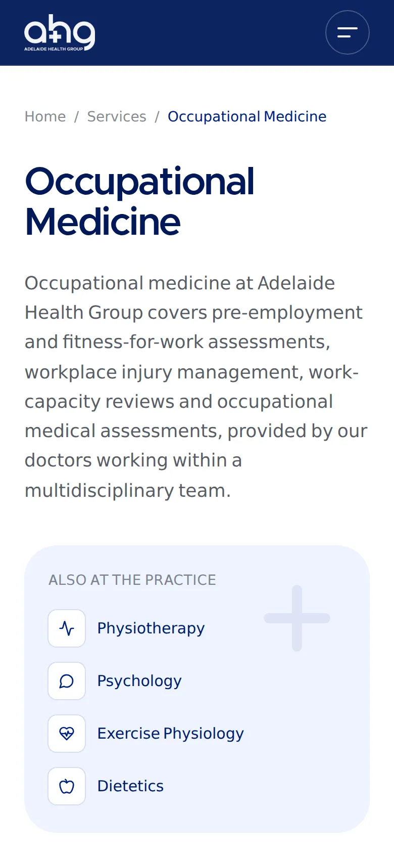 Adelaide Health Group occupational medicine page on a phone
