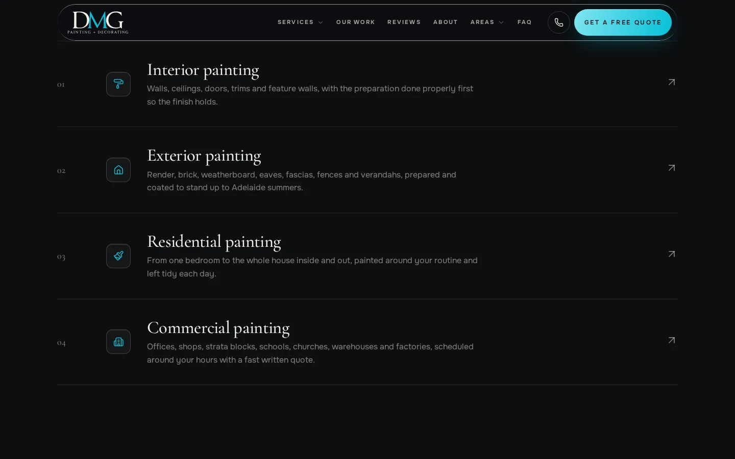 DMG Painting services list on the home page