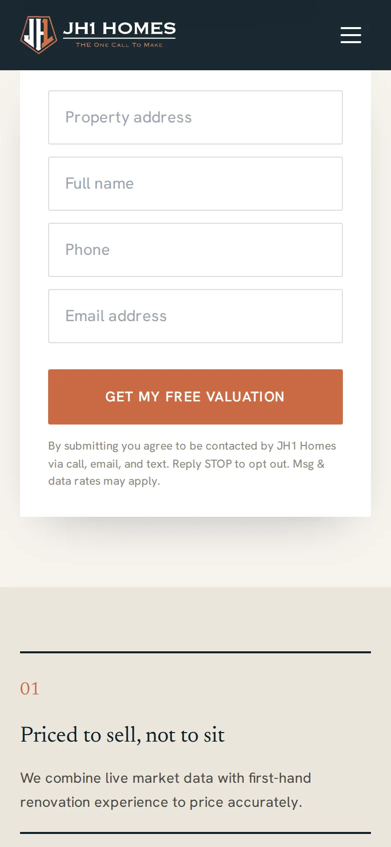 JH1 Homes valuation form on a phone