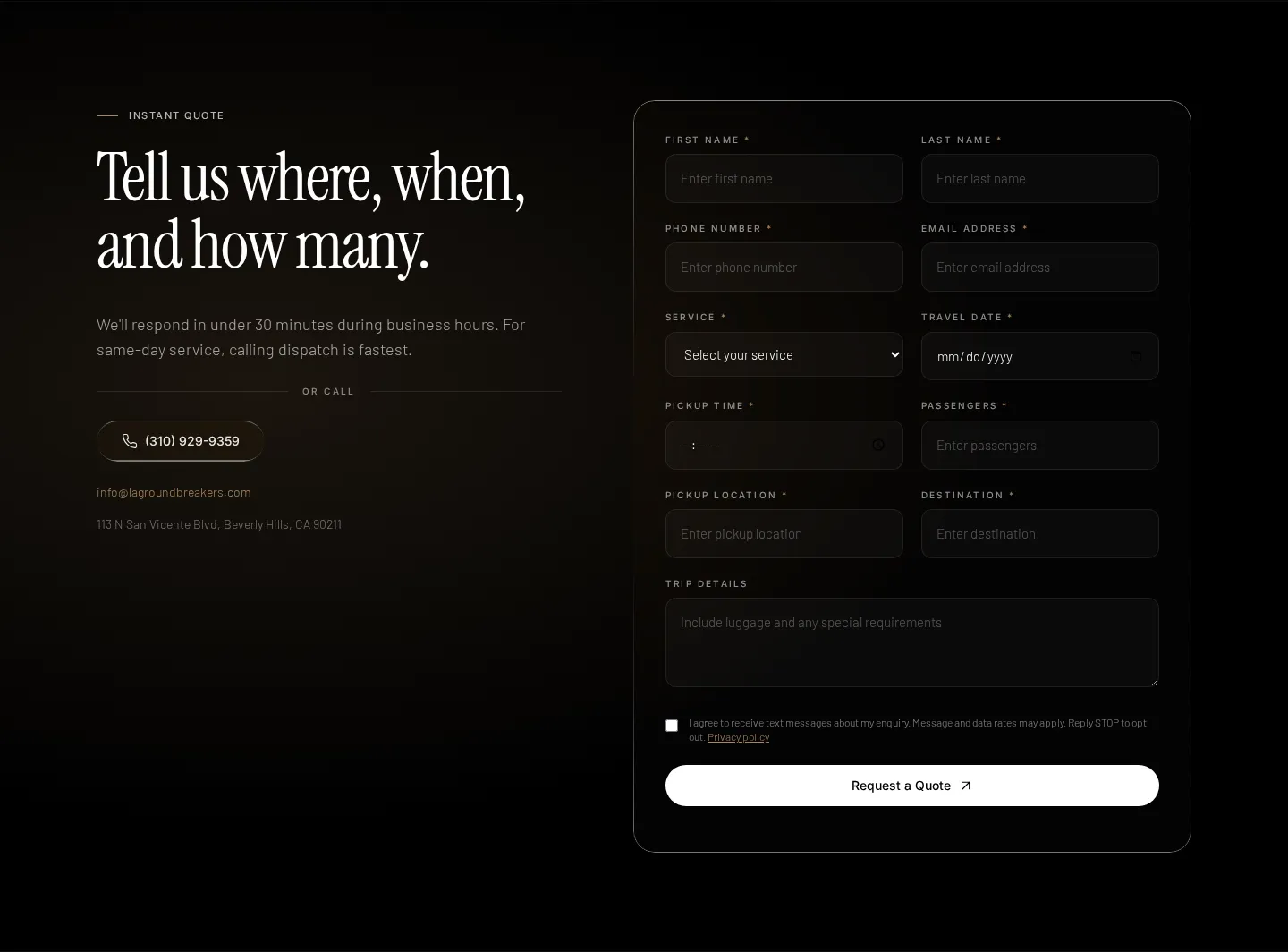 LA Groundbreakers quote form with ten required trip fields