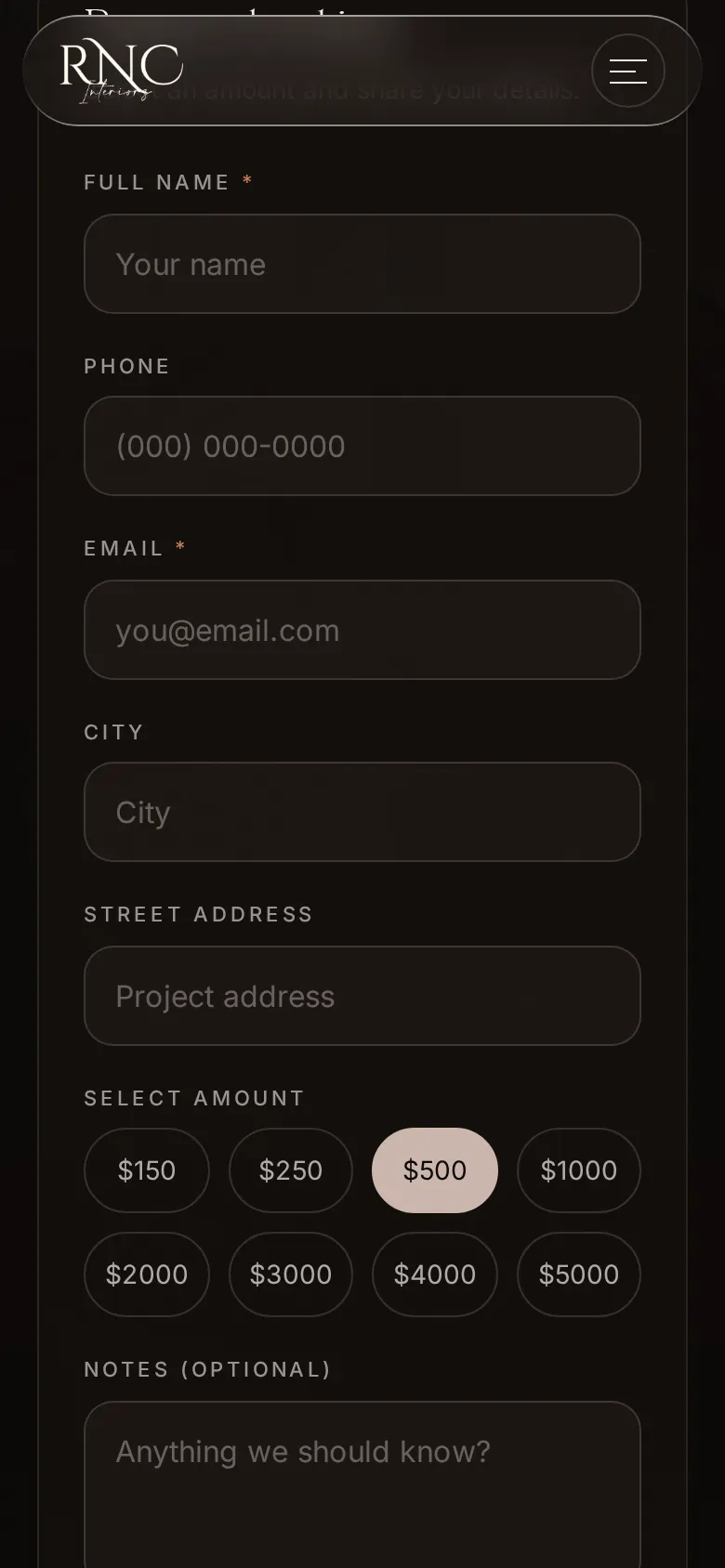RNC Interiors booking form on a phone